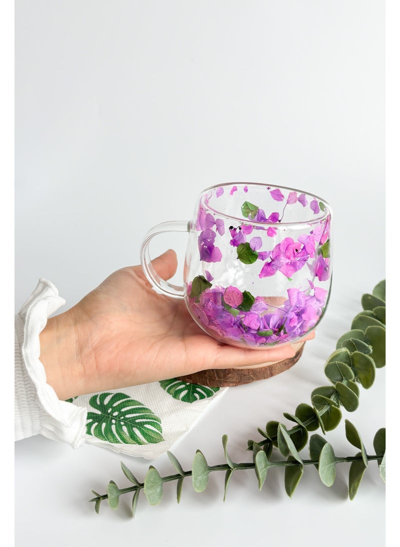 YOLOLAND Clear Glass Cup Matcha Cup Coffee Mug with Purple u0026 Green  Petals 250ml Double Walled Insulated Clear Cup perfect for Tea ,Coffee,Matcha ,Juice - Image 2