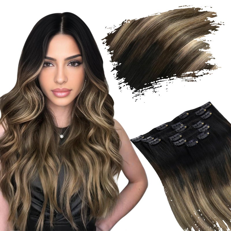 Ugeat Clip In Hair Extensions Real Human Hair Natural Black to Dark Brown Mix Caramel Brown Balayage Human Hair Clip In Extensions For Women Double Weft 16 inch 7pcs 120g105g Hair15g Clips