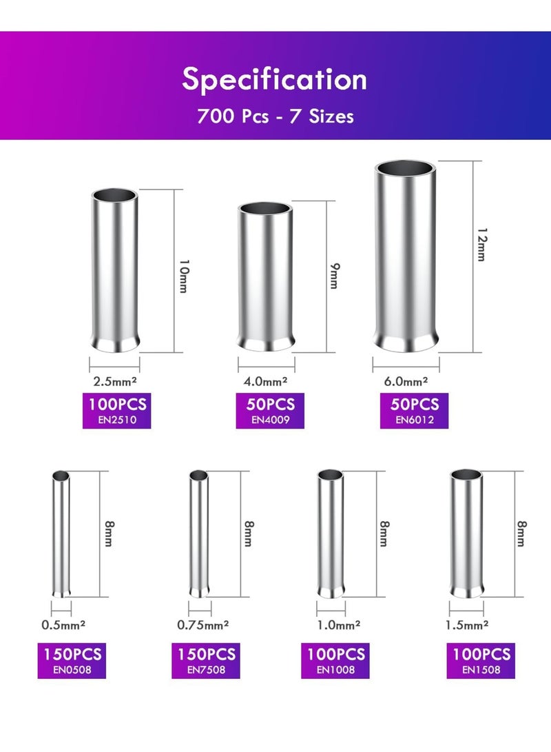 SYOSI Wire Ferrules, 700pcs Non-Insulated Crimp Terminals for Electrical Wiring DIY Projects, 7 Types Mini Bootlace Ferrules with Storage Box, 10-22 AWG for Home Automotive Industrial Use - Image 2