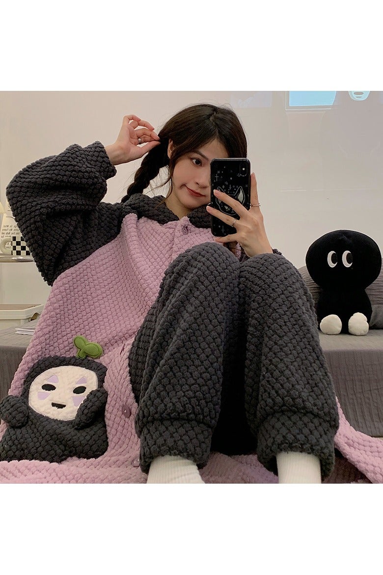 KUYING Velvet And Thickened Nightgown Cute Cartoon Home Fur Set