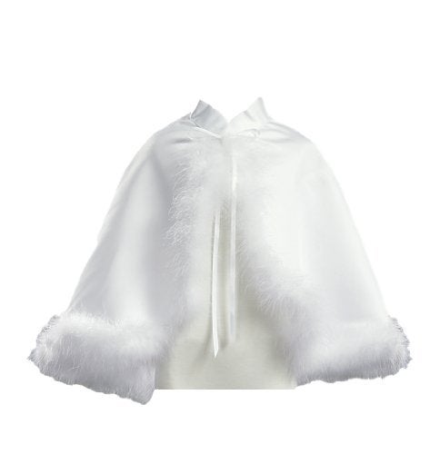 Lito Girl's White Satin Communion Cape with Marabou (Feather) Trims - Large / 12-14 - Image 3