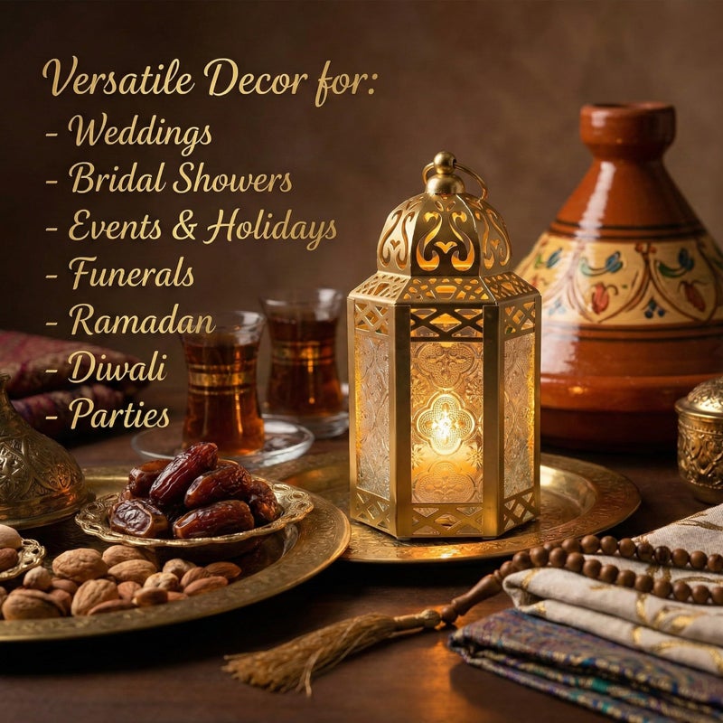 VELA LANTERNS 8.5" Moroccan Lamp Indoor Outdoor Lantern Decorative Candle Holder for Ramadan, Home Decor, Patio, Weddings, Gold Metal, Clear Glass, Small - Image 3