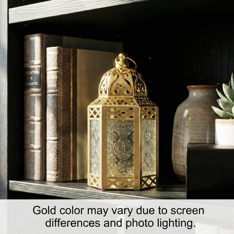 VELA LANTERNS 8.5" Moroccan Lamp Indoor Outdoor Lantern Decorative Candle Holder for Ramadan, Home Decor, Patio, Weddings, Gold Metal, Clear Glass, Small - Image 2
