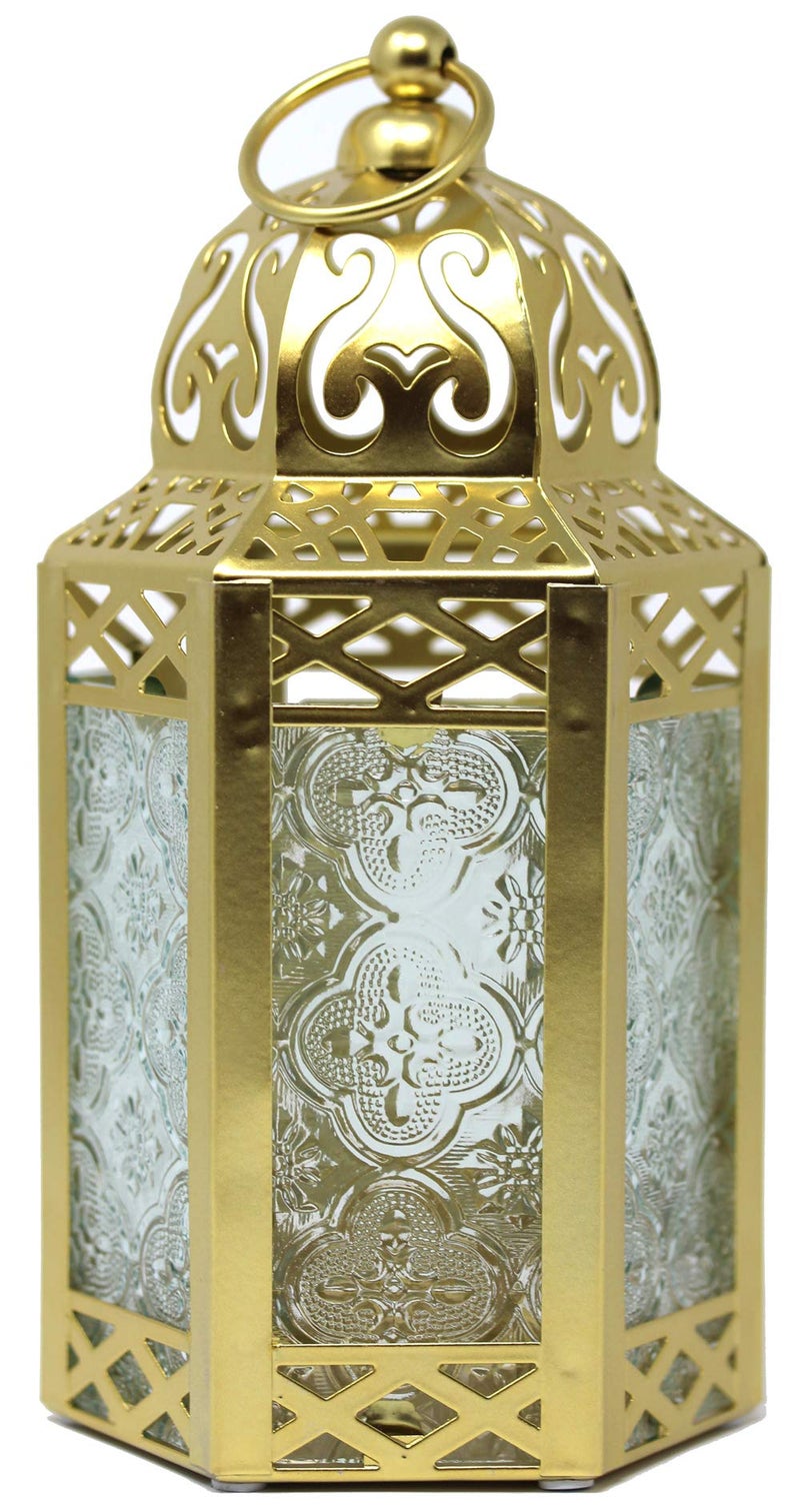 VELA LANTERNS 8.5" Moroccan Lamp Indoor Outdoor Lantern Decorative Candle Holder for Ramadan, Home Decor, Patio, Weddings, Gold Metal, Clear Glass, Small - Image 1