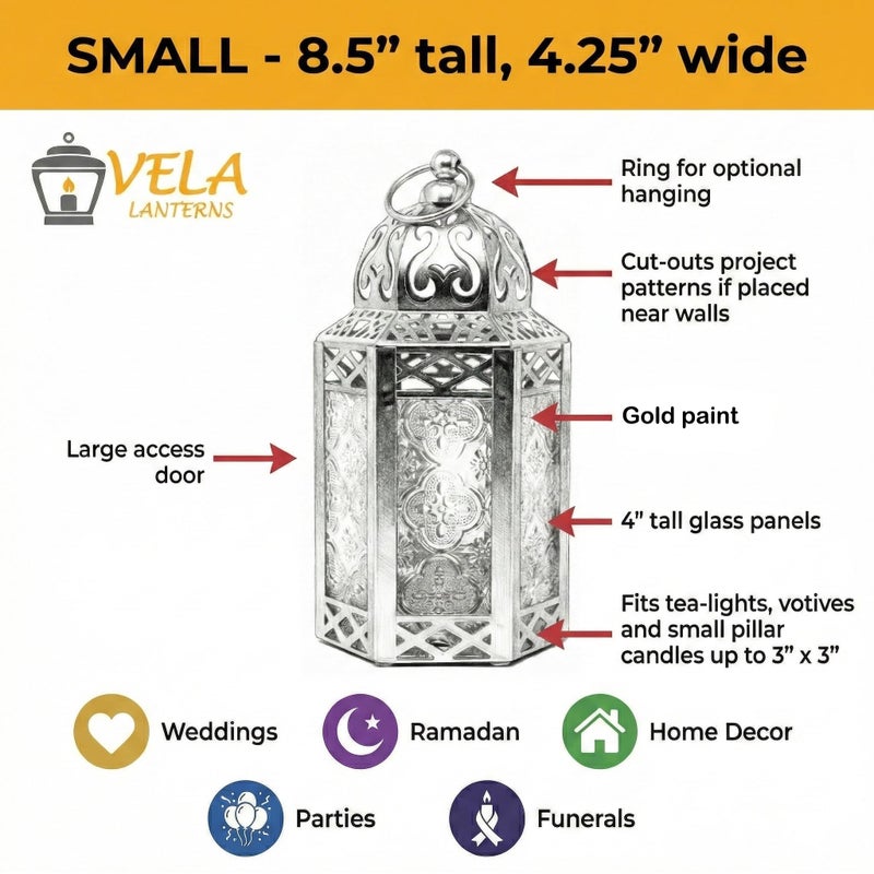 VELA LANTERNS 8.5" Moroccan Lamp Indoor Outdoor Lantern Decorative Candle Holder for Ramadan, Home Decor, Patio, Weddings, Gold Metal, Clear Glass, Small - Image 5