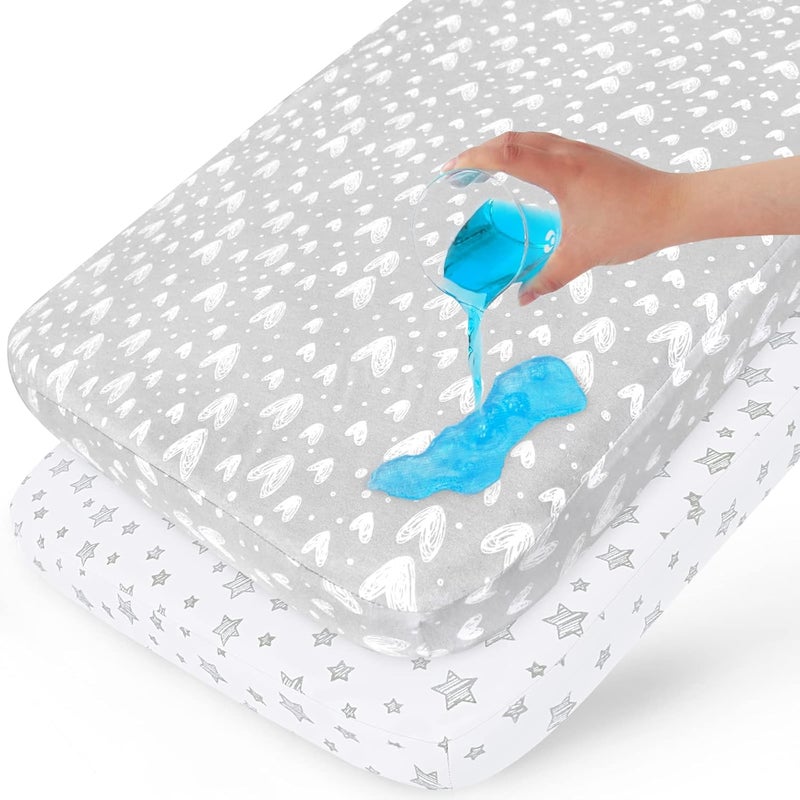 Biloban Waterproof Crib Mattress Protector 2 Pack, 100% Organic Cotton Crib Mattress Sheet, Fitted Crib Sheet, Ultra Soft & Breathable Toddler Bed Sheets for Boys and Girls, White & Grey Star Print - Image 1