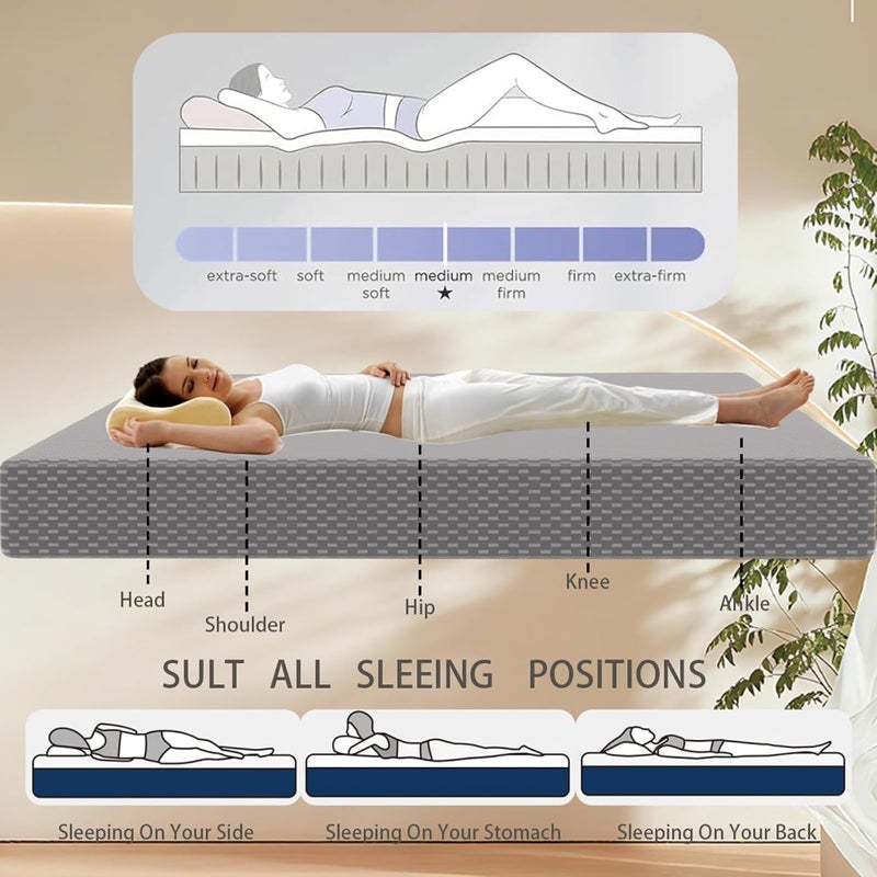 Full Mattress, Memory Foam Mattress 120x200cm, Medium Firm Support, with Removable Mattress Protector Cover (Grey, 120x200x20cm) - Image 4