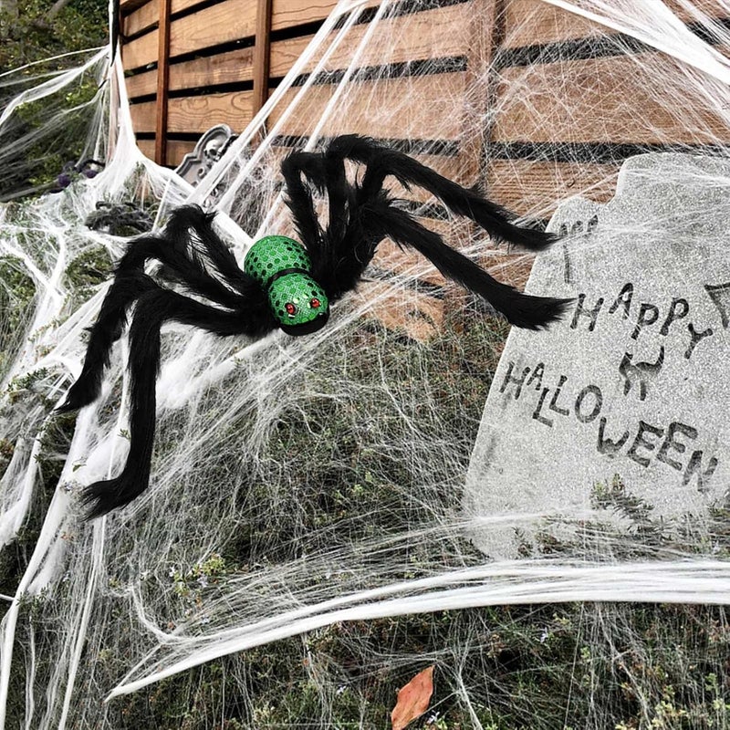 cheekyglo Halloween Giant Spider Decorations, Scary Skull Plush Spider Toys, Halloween Simulation Skull Big Spider Plush Spider Ornament, for Halloween Home Yard Decorations Party (Green) - Image 1