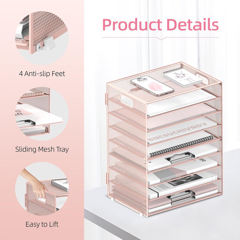 DALTACK 9-Tier Paper Letter Tray Desk Organizer with Handles, Mesh File Holder Organization, Paper Sorter Desk Organizer for Office Home School, Pink - Image 4