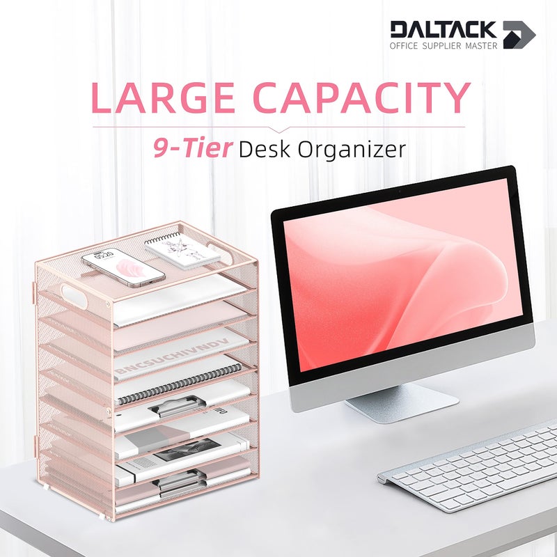 DALTACK 9-Tier Paper Letter Tray Desk Organizer with Handles, Mesh File Holder Organization, Paper Sorter Desk Organizer for Office Home School, Pink - Image 2