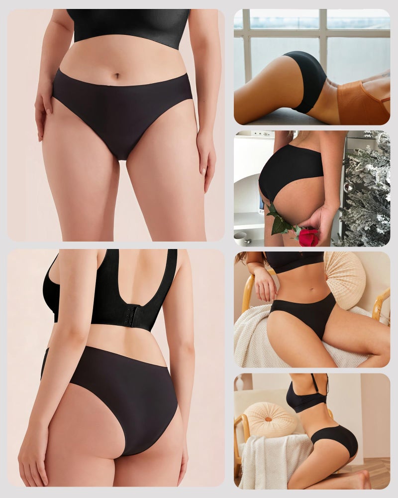 FINETOO 6 Pack Womenâ€™s Seamless Hipster Underwear No Show Panties Invisibles Briefs Soft Stretch Bikini Underwears XS-XXL(XL) Black - Image 2