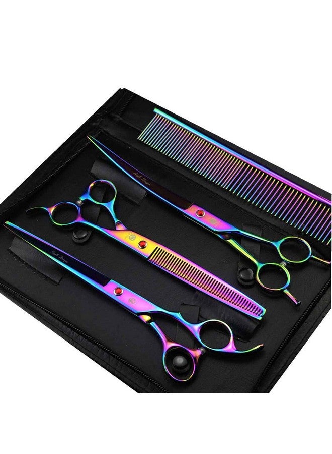 Purple Dragon 8.0" Titanium Multicolor Professional Pet Grooming Scissors Set,Straight & Thinning & Curved Scissors Shear with Bag for Dog Cat Grooming - Image 1