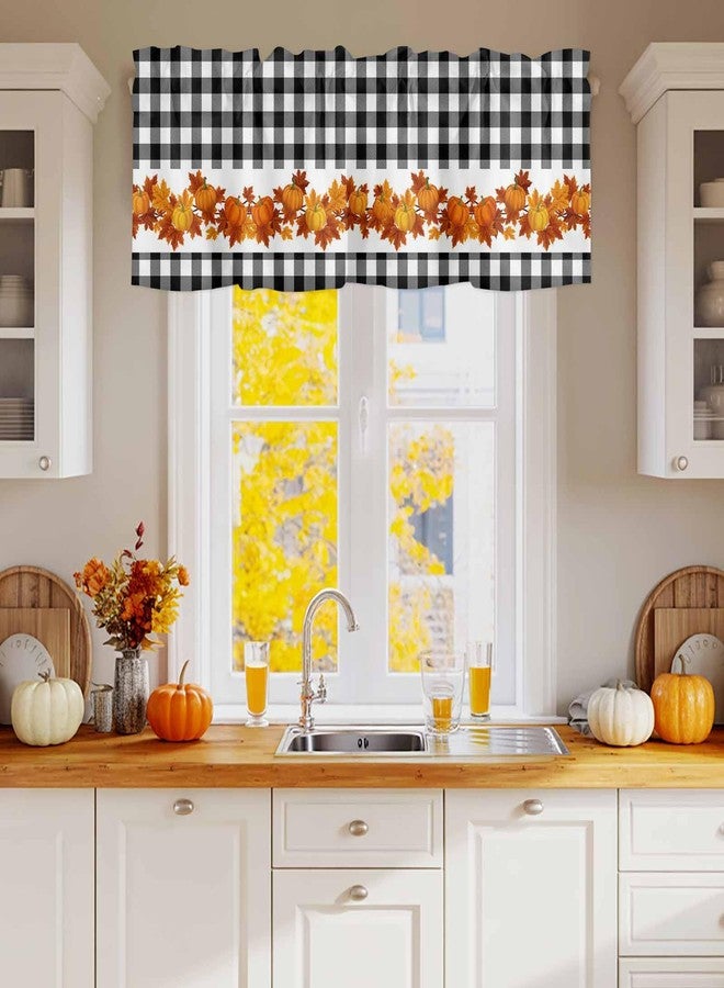 Litter Star Fall Window Valance Rod Pocket Panel for Kitchen Bedroom Windows Farm Black and White Buffalo Check Valances Short Curtain Bathroom Window Treatment Drapes Thanksgiving Pumpkin Orange Maple Branch - Image 1