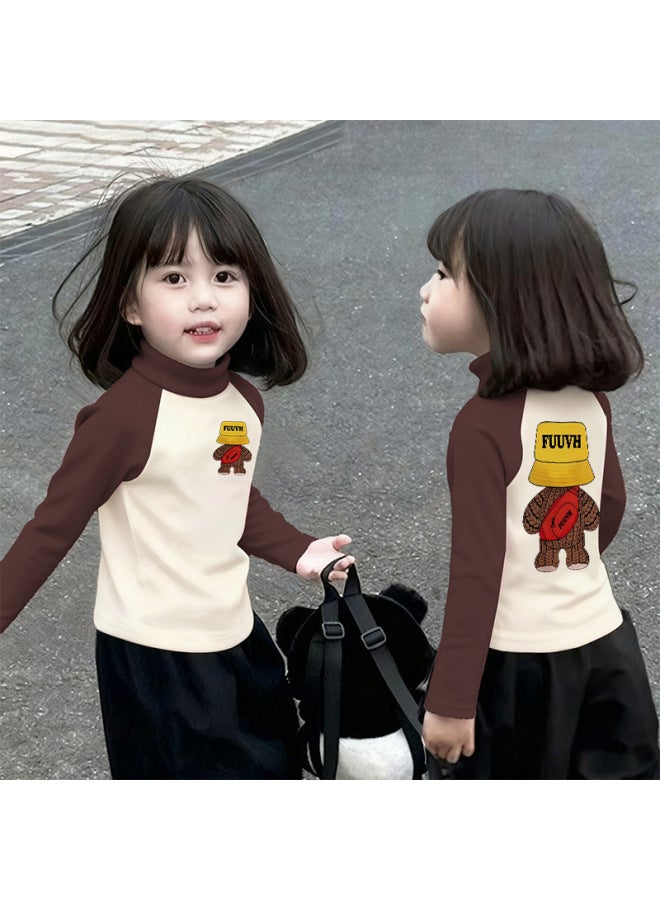 Girls' Thermal Base Layer Top Autumn And Winternew Style For Older Children, Half Turtleneck, Warm Inner Layer, Color-blocking Long Sleeves