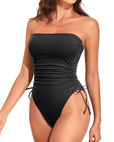 Yonique Women Strapless One Piece Swimsuit Tummy Control Bandeau Bathing Suit Cheeky Swimwear Black S - Image 2