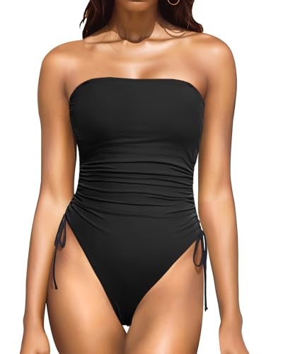 Yonique Women Strapless One Piece Swimsuit Tummy Control Bandeau Bathing Suit Cheeky Swimwear Black S - Image 1