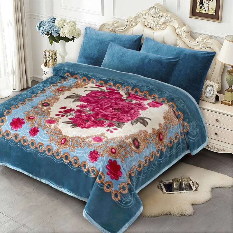 JYK Korean Mink Fleece Blanket King Size 83'' x 91'', 5.7 Pounds - 2 Ply Reversible Silky Soft Plush Warm, Flannel Cozy Blankets for Autumn, Winter - Blue/Peony - Image 1