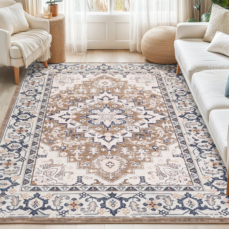 Lofus 6x9 Area Rugs for Living Room, Washable Area Rug, Rugs for Bedroom, Kitchen, Vintage Boho Carpet, Soft Non-Slip, Low Pile Large Area Rug for Office Dining Room, Floral Brown - Image 2