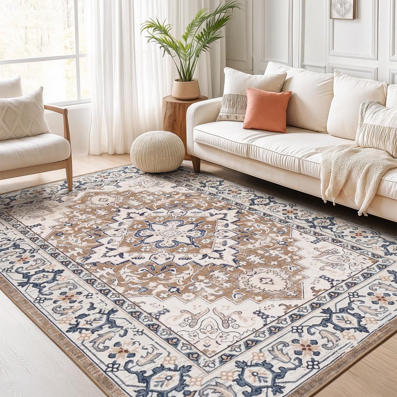 Lofus 6x9 Area Rugs for Living Room, Washable Area Rug, Rugs for Bedroom, Kitchen, Vintage Boho Carpet, Soft Non-Slip, Low Pile Large Area Rug for Office Dining Room, Floral Brown - Image 1
