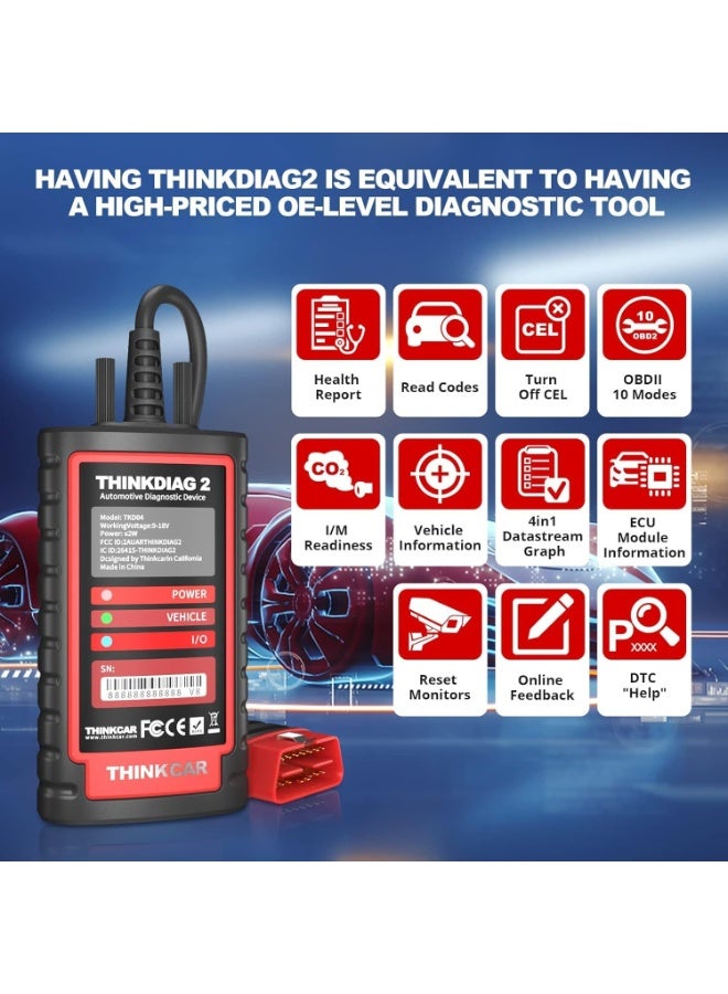THINKCAR ThinkDiag 2 Bluetooth OBD2 Diagnostic Scanner for All Vehicles with 15 Reset Functions for All System Diagnostic Support OBDII / EOBD / CAN-FD Protocol 1 Year all Software Free - Image 2