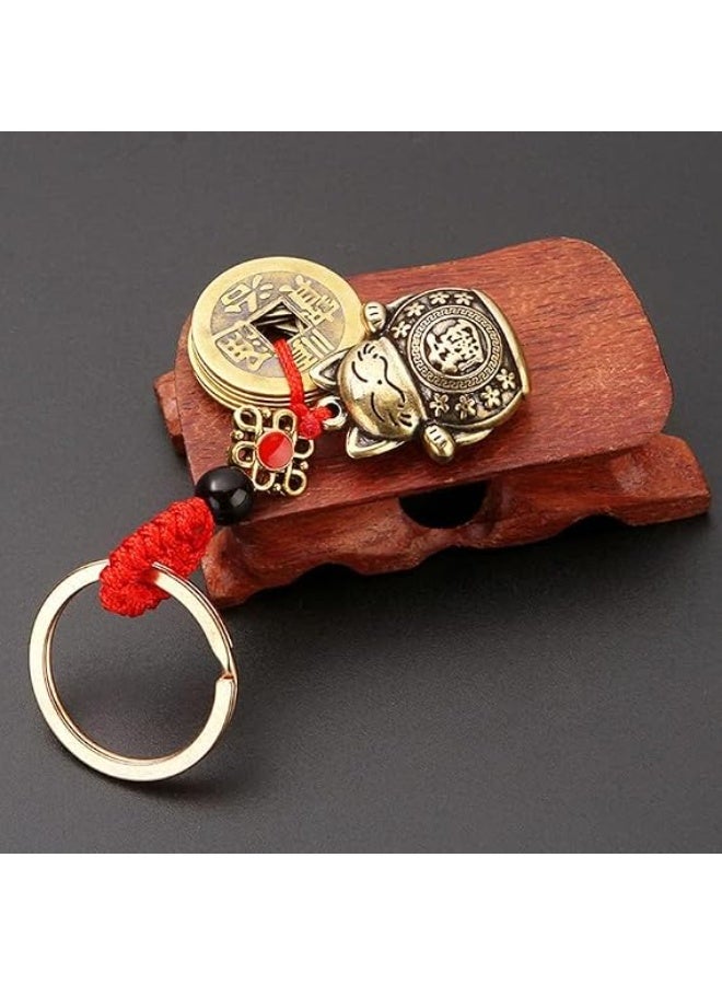 MY SOUQ 1 pcs - Pure Handmade Brass Lucky Cat Car Keychain Lucky Cat Five Emperors Money Keychain Feng Shui Coins Solid Lucky Key Rings - Image 3