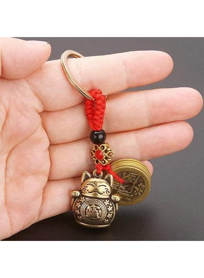 MY SOUQ 1 pcs - Pure Handmade Brass Lucky Cat Car Keychain Lucky Cat Five Emperors Money Keychain Feng Shui Coins Solid Lucky Key Rings - Image 4