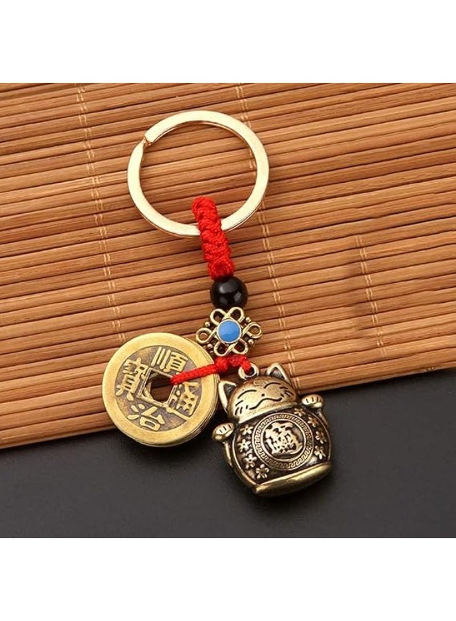 MY SOUQ 1 pcs - Pure Handmade Brass Lucky Cat Car Keychain Lucky Cat Five Emperors Money Keychain Feng Shui Coins Solid Lucky Key Rings - Image 5