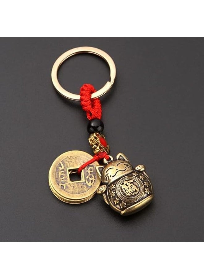 MY SOUQ 1 pcs - Pure Handmade Brass Lucky Cat Car Keychain Lucky Cat Five Emperors Money Keychain Feng Shui Coins Solid Lucky Key Rings - Image 2