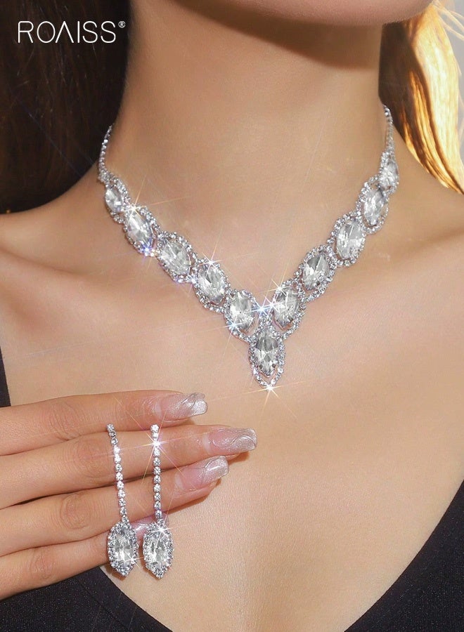 رويس طقم مجوهرات زفاف نسائي مكون من قطعتين بتصميم هندسي مبالغ فيه على طراز القصر، قلادة وأقراط خفيفة الوزن ومضادة للحساسية لحفلات الزفاف - Image 1