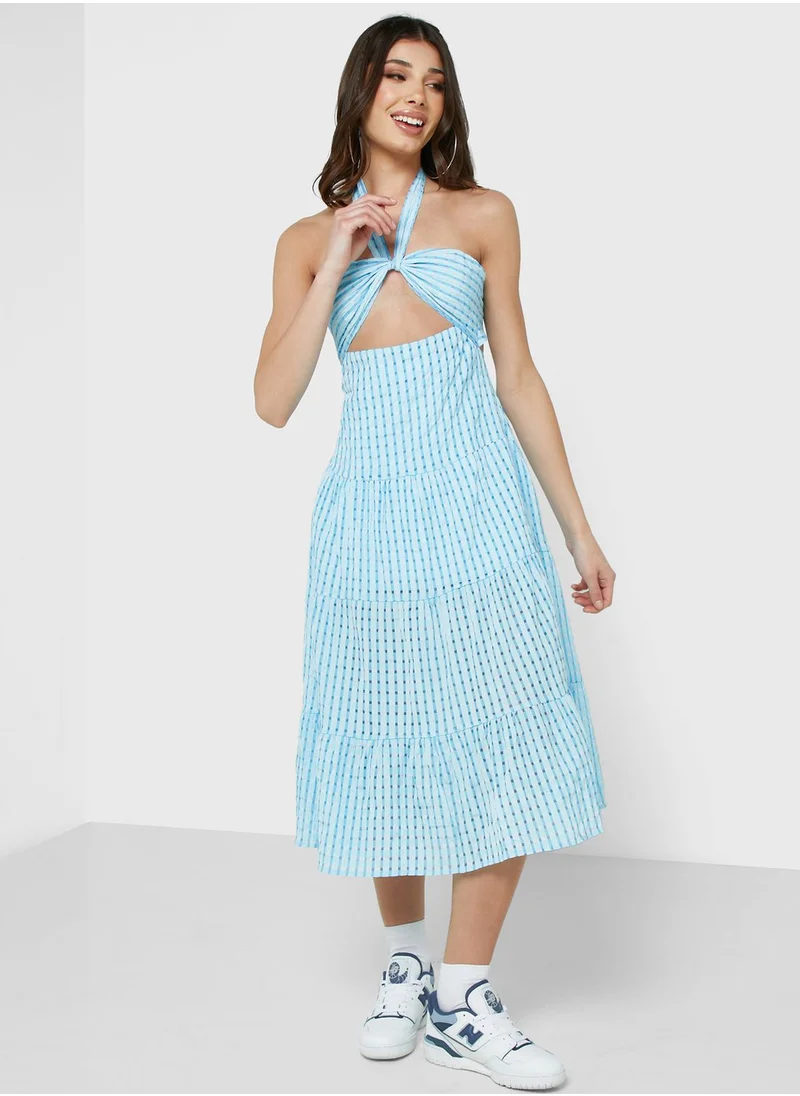 Ginger Halter Neck Gingham Tiered Midi Dress