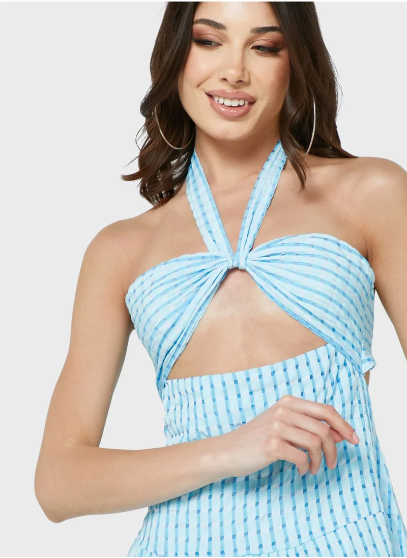 Ginger Halter Neck Gingham Tiered Midi Dress