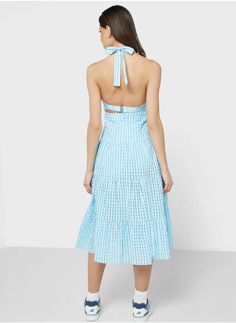 Ginger Halter Neck Gingham Tiered Midi Dress