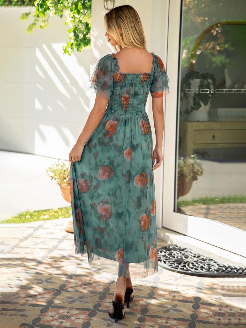 Simplee Womens Floral Maxi Dresses 2026 Summer Smocked Empire Waist Square Neck Short Sleeve Wedding Guest Party Dress - Image 3