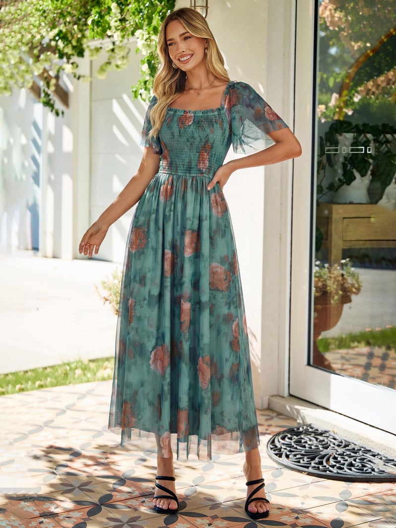 Simplee Womens Floral Maxi Dresses 2026 Summer Smocked Empire Waist Square Neck Short Sleeve Wedding Guest Party Dress - Image 2