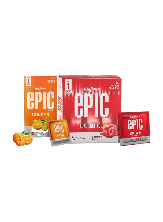 Mankind Manforce Epic Flavoured Condoms Combo Pack (13 Pcs) – Passion Fruit Punch (Extra Dotted) + Raspberry (Ultra Thin) – Lubricated Latex Condoms for Men – Long Lasting Pleasure & Safe Protection Premium Bundle - Image 1