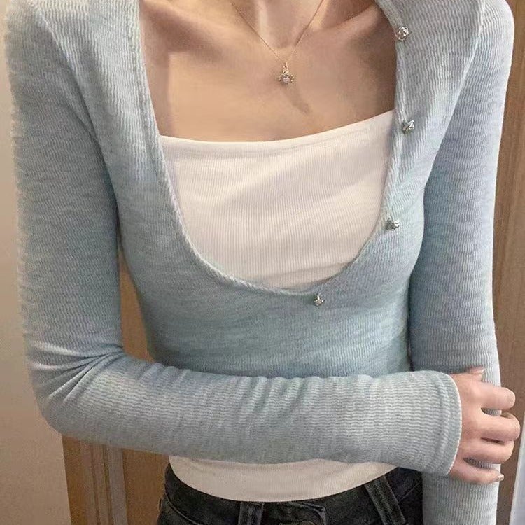 Korean Low-Neck Right-Shoulder Long-Sleeved T-Shirt For Women Early Autumn Fake Two-Piece Slim-Fitting Bottoming Top Lazy Harajuku Trbottomy Artsy - Image 4