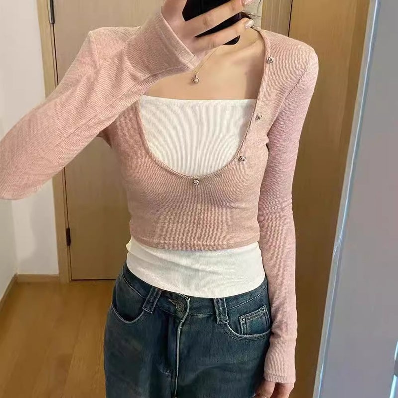 Korean Low-Neck Right-Shoulder Long-Sleeved T-Shirt For Women Early Autumn Fake Two-Piece Slim-Fitting Bottoming Top Lazy Harajuku Trbottomy Artsy - Image 5