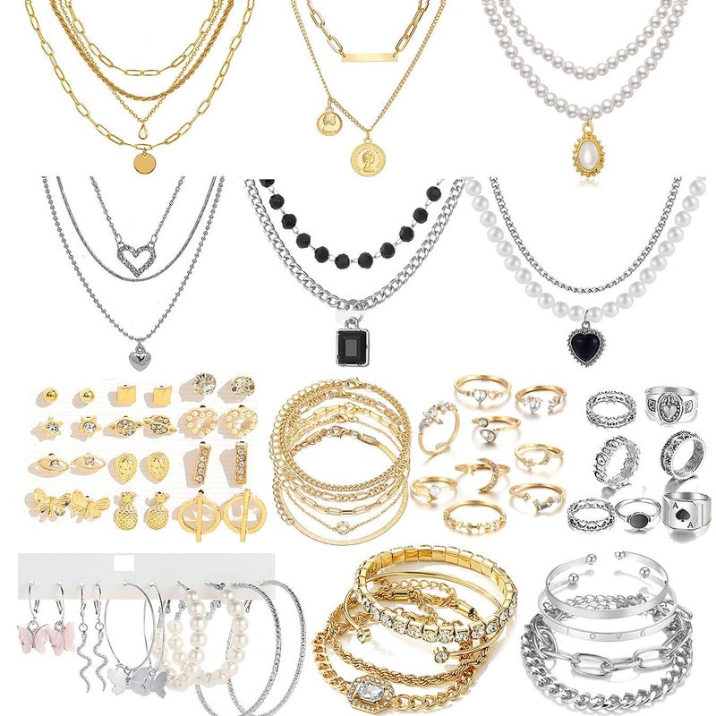 CONGYING 65 Pcs Gold Jewelry Set with 6Pcs Layered Necklace, 11 Pcs anklet and 7Pcs Earring Ear Cuff,11Hoop Earrings,15pcs Rings,15pcs stud earrings Jewerly set for Women Pack for Party GiftL - Image 1