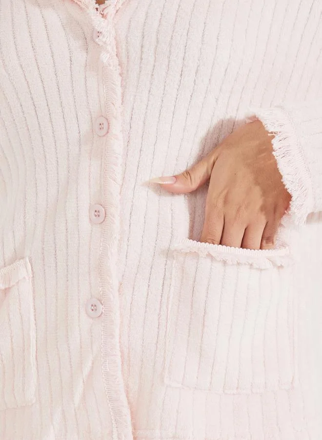 Styli Stripe Fleeced Frayed Edge Shirt & Pyjama Set
