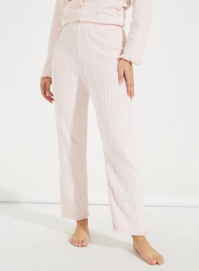 Styli Stripe Fleeced Frayed Edge Shirt & Pyjama Set