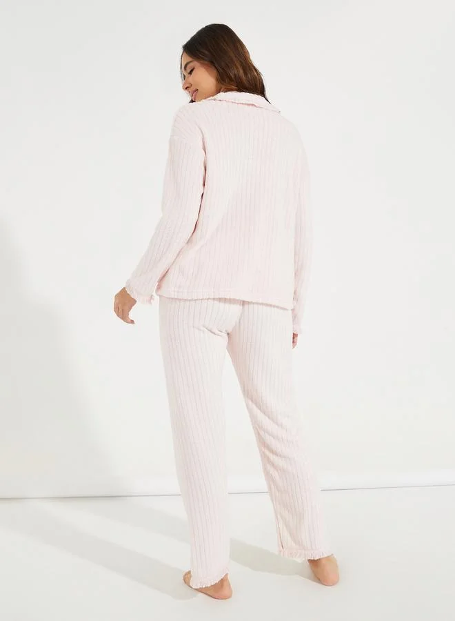 Styli Stripe Fleeced Frayed Edge Shirt & Pyjama Set