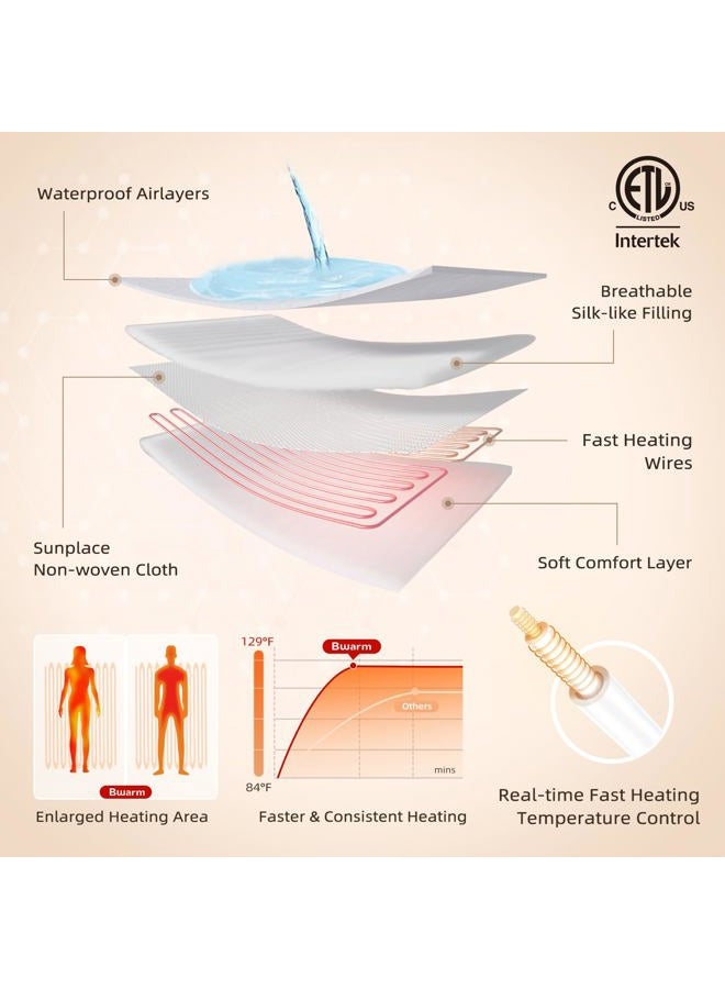 Bwarm Waterproof Heated Mattress Pad, ETL Certified Bed Warmer with 9 Heat Settings, 1-12 Hours Auto Off Deep Pocket, Machine Washable, White Foot Queen - Image 4