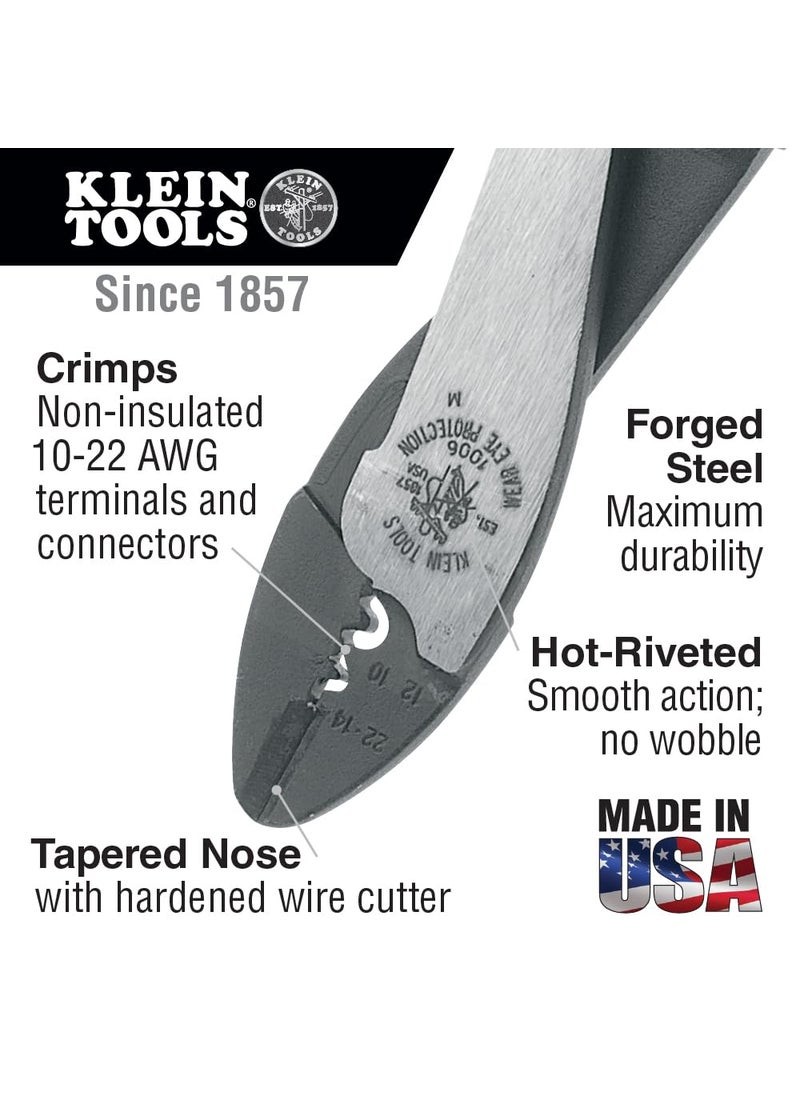 Klein Tools Klein Tools 1006 Cutting / Crimping Tool, Made in USA, Crimps 10 to 22 AWG Solderless Terminals and Connectors, with Wire Cutter in Tapered Nose  - Image 2