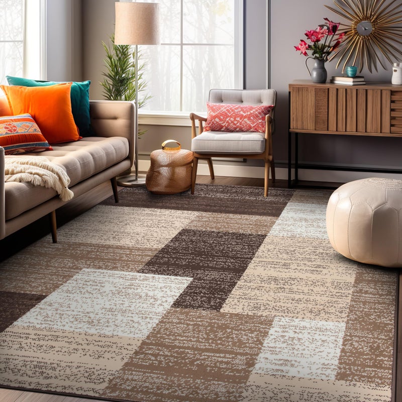 Rugshop Modern Geometric Distressed Boxes Area Rug, Fade-Resistant Carpet for Living Room, Bedroom, or Home Office, Brown, 5' x 7' - Image 1