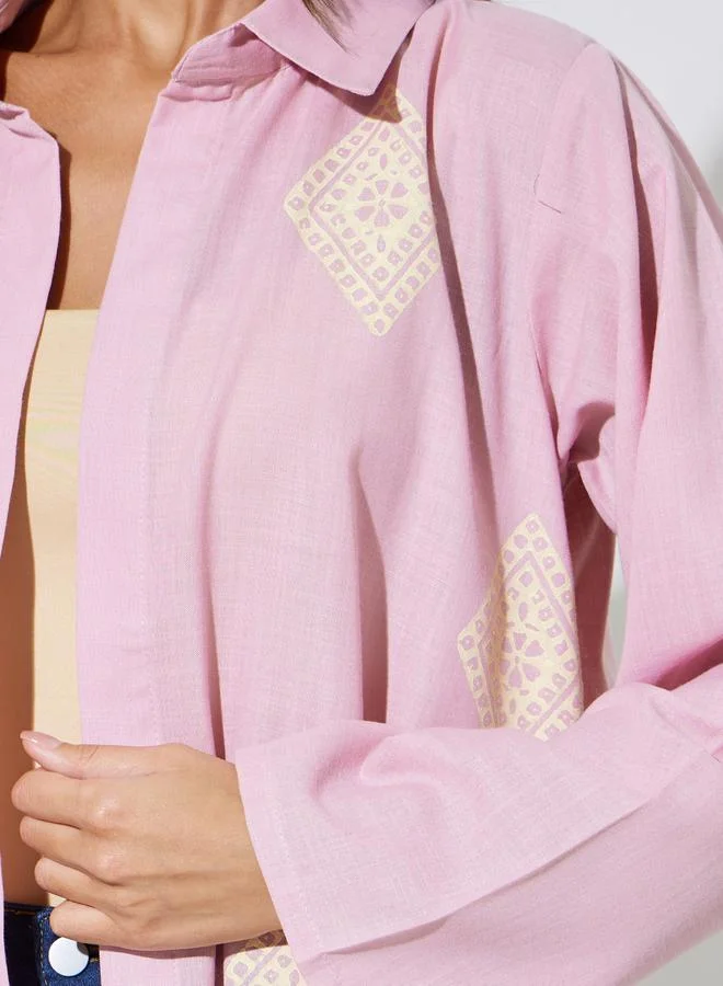 Amirah  Pink All Over Print Open Front Collared Abaya for Women | Best Price UAE