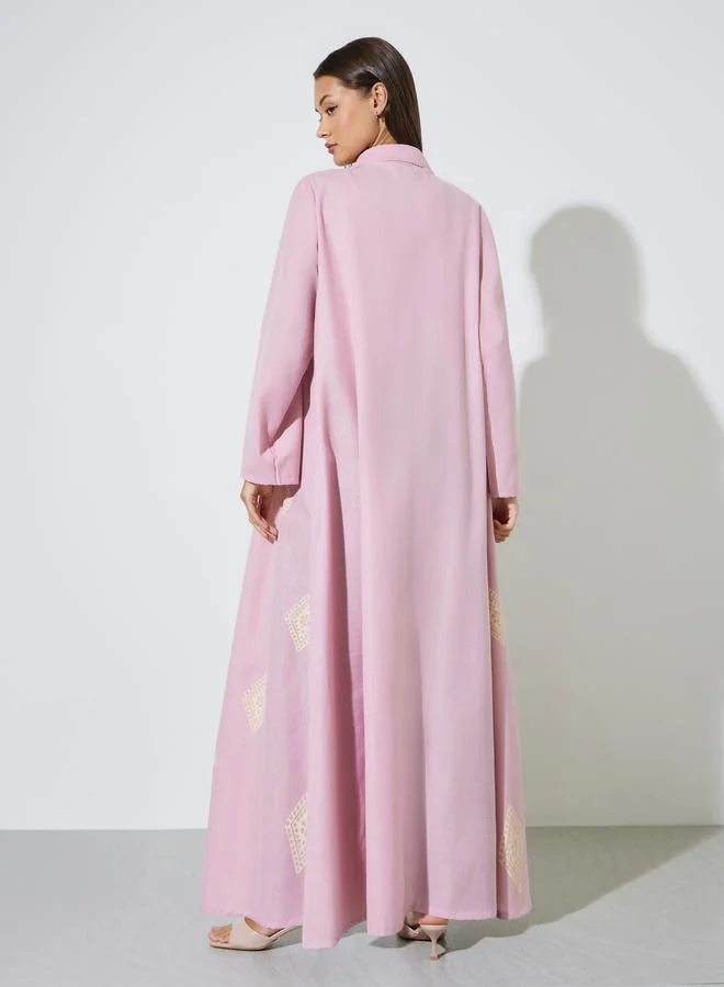 Amirah  Pink All Over Print Open Front Collared Abaya for Women | Best Price UAE