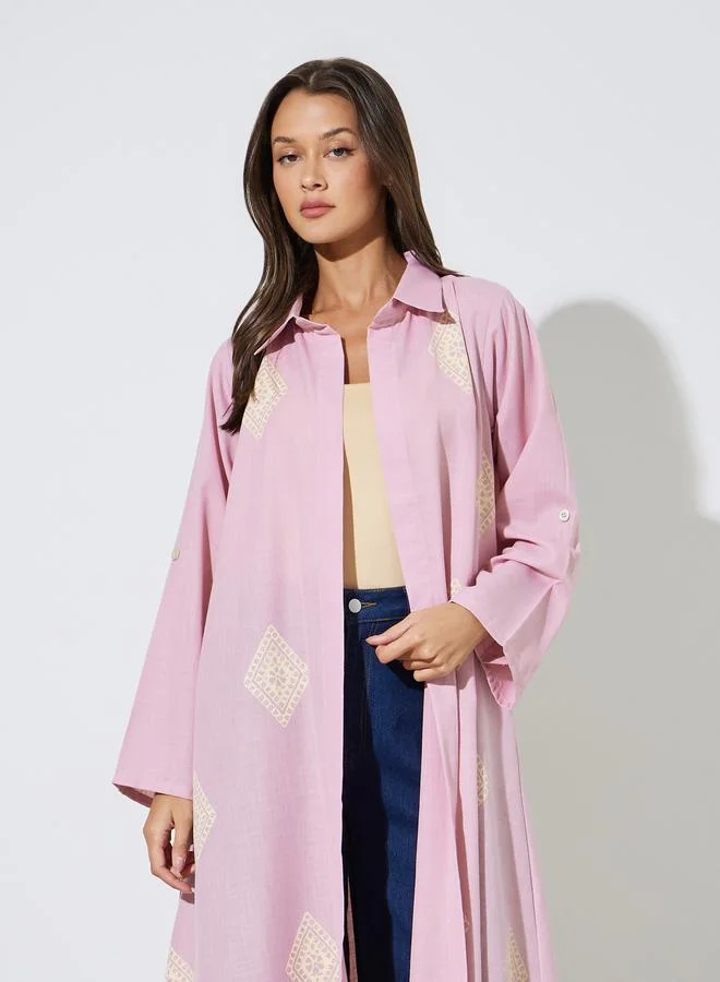 Amirah  Pink All Over Print Open Front Collared Abaya for Women | Best Price UAE
