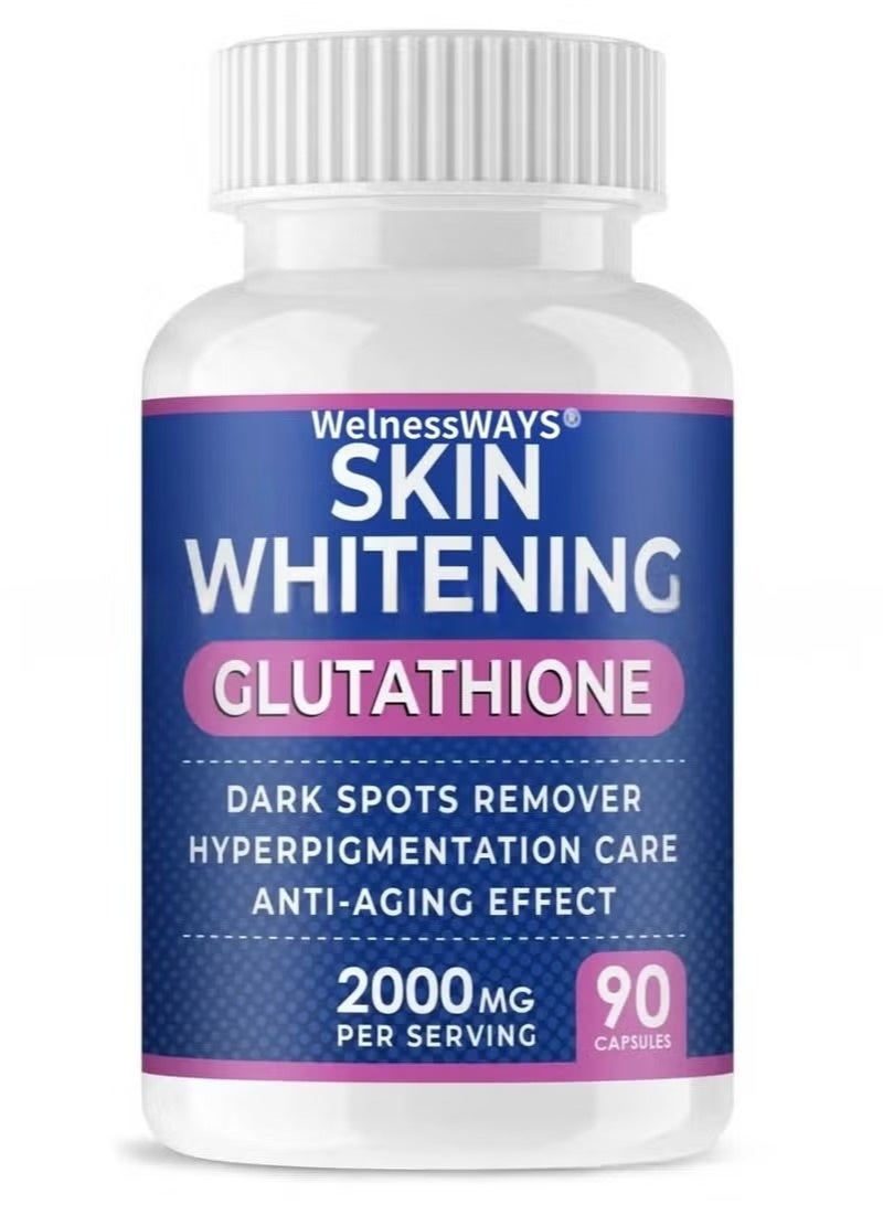 طريقة الرعاية كبسولات SKIN Glutathione لتفتيح البشرة – 2000 ملغ مكمل لتفتيح وتفتيح لون البشرة، تركيبة مضادة للشيخوخة وغنية بمضادات الأكسدة – 90 كبسولة - Image 1