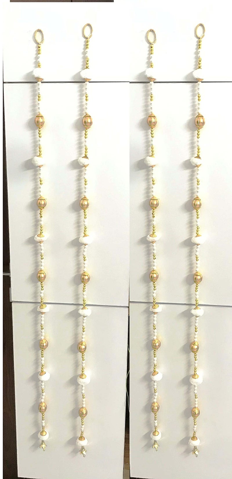 Aahum Handmade Wall Door 6 FT.4 Strings White Pom Pom with White Pearl Golden Beads Hanging Torans Garland Bandhwar Decoration Item for Home Décor Diwali Festival, Navratri, Wedding (6 FT 4 Strings - Image 3