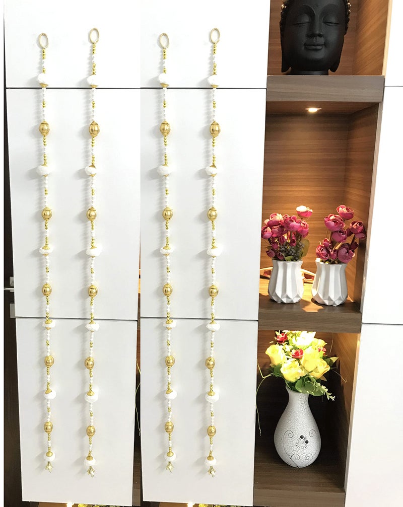 Aahum Handmade Wall Door 6 FT.4 Strings White Pom Pom with White Pearl Golden Beads Hanging Torans Garland Bandhwar Decoration Item for Home Décor Diwali Festival, Navratri, Wedding (6 FT 4 Strings - Image 1
